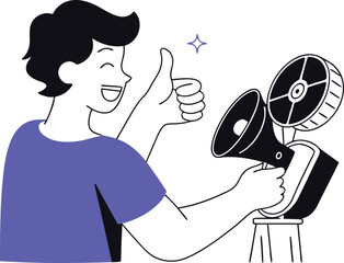 Young man with megaphone and fan vector illustration for marketing and promotion eps white background