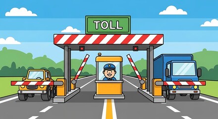 Cartoon toll booth scene with vehicles and attendant, depicting transportation infrastructure and fee collection