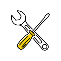 Vector illustration of wrench and screwdriver crossed together as tool icon symbol for repair maintenance and construction concept