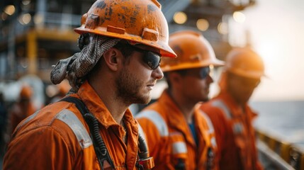 workers in offshore oil and gas industry wearing orange uniforms and hardhats, metal platform behind