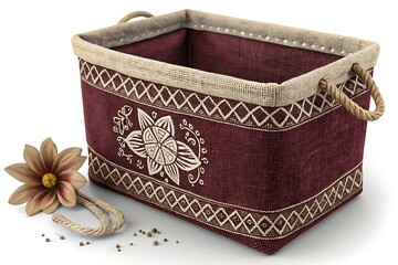 Decorative woven basket with floral motif and rope handles