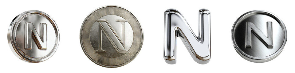 Metallic Letter N Symbol In Different Styles And Textures isolated on transparent background.