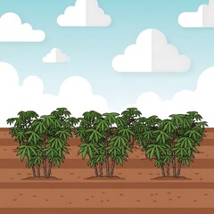 Cartoon illustration of cassava field with clouds against a blue sky