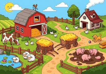Charming countryside illustration featuring barn, animals and idyllic landscape