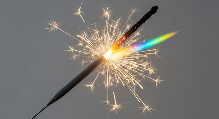 Obraz premium Sparkling Bengal Firework with Rainbow Hues Against a Neutral Gray Backdrop