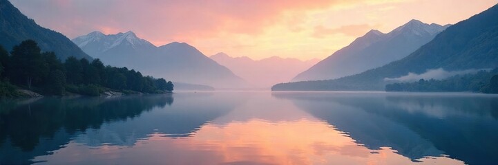 Serene landscape at dawn, misty mountains reflecting in a still lake, peaceful and tranquil atmosphere, perfect for meditation and spiritual reflection ,  meditation,  environment,  lake