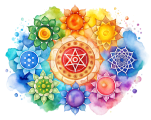 Watercolor painting of seven chakra symbols with colorful splashes isolated on transparent background