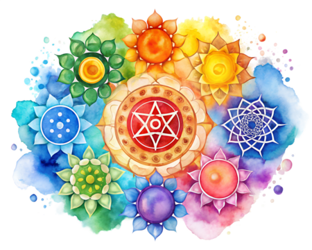 Watercolor painting of seven chakra symbols with colorful splashes isolated on transparent background