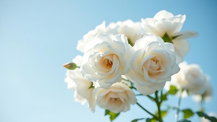 Obraz premium White roses in full bloom against a clear blue sky, bathed in soft sunlight.
