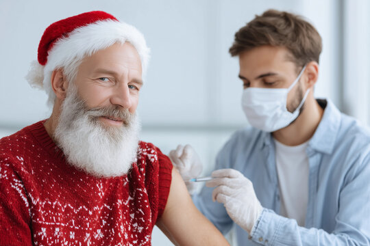 A man in a red Santa hat is getting a shot