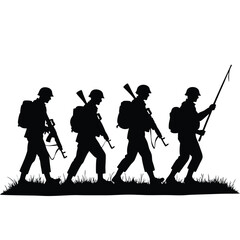 Silhouette of four soldiers marching with rifles and a spear