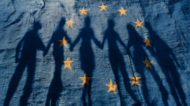 People holding hands symbolizing unity and inclusion in Europe. - Powered by Adobe