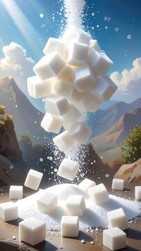 Sugar cubes falling, sunny landscape