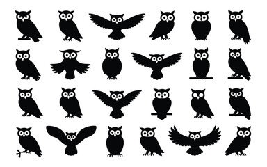 Fototapeta premium Vector art of collection of owl silhouettes set of different owl poses, standing, flying, sitting vector illustration of nocturnal birds in various positions