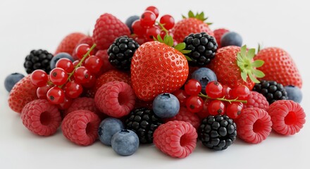 Frescas bayas rojas jugosas brillan iluminadas fondo blanco. AI Generated