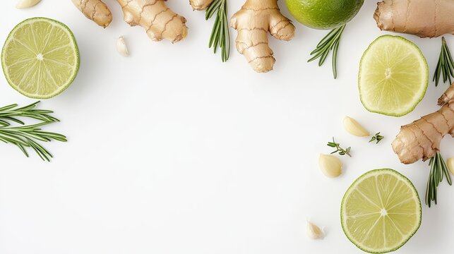 Ginger lime garlic rosemary and thyme frame on white background