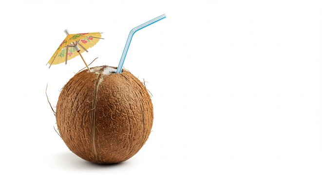 Coco fresco refrescante con pajita y sombrilla miniatura sobre fondo blanco ilumina la escena. AI Generated