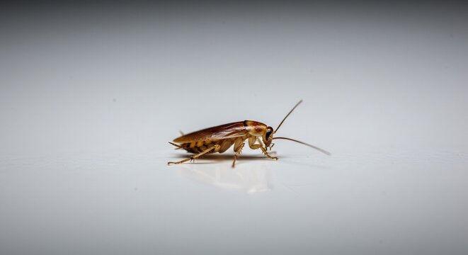 Cucaracha parda camina lentamente superficie blanca luz suave. AI Generated