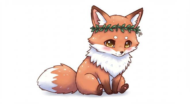 Zorro tierno corona hojas luz suave estilo anime. AI Generated