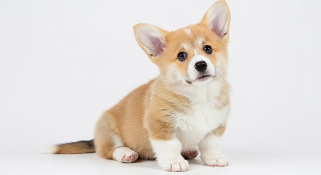 Cachorro adorable pose tierna luz suave fondo blanco. AI Generated
