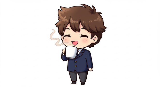 Chico anime disfruta bebida caliente estilo chibi luz suave. AI Generated
