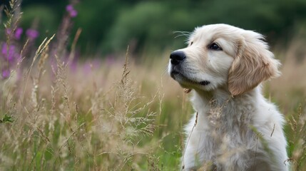 Cute Golden Retriever Puppy Sitting in Tall Grass Looking Curious