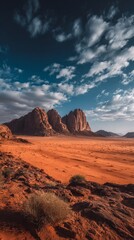 Epic Desert Landscape with Massive Rock Mountains and Clear Sunny Sky