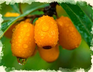 Close-up view of vibrant yellow berries, glistening with water droplets, hanging from a branch, surrounded by lush green foliage, showcasing a beautiful and natural scene.