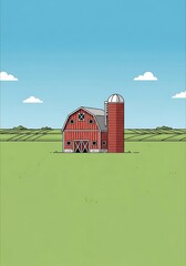 Iconic rural barn scene illustration amidst vast field under summer sky
