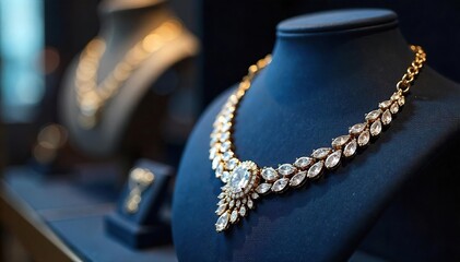 Close-up shot of elegant diamond necklace displayed on a velvet cushion in a jewelry store showcase, highlighting its sparkle and intricate design , jewel, ornate