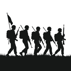 Silhouette of soldiers marching with flag and rifles Keywords: soldier, military, army, march