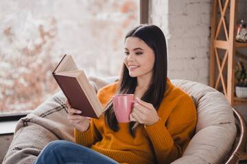 Charming woman enjoying a cozy autumn day indoors reading a book and holding a pink mug