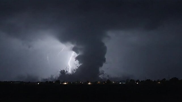 Dark tornado background with stormy weather and lightning in the night sky