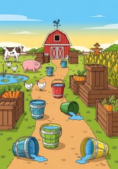 Idyllic countryside scene with farm animals barn water buckets and cultivated crops illustrates rural life and the