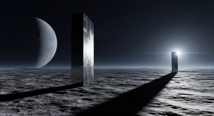 Alien monolith on a desolate alien planet under a crescent moon