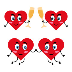 Cute Cartoon Hearts in Love Celebration. Vector Illustration. Cheerful hearts hold champagne glasses. Two smiling hearts hold hands while dancing happily.