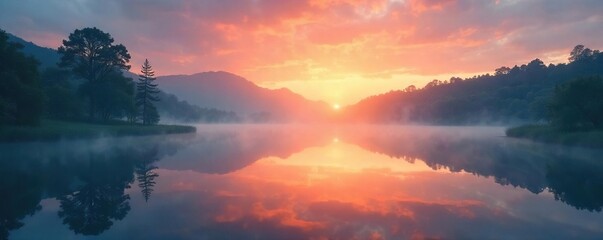 Serene sunrise over a calm lake, misty morning, peaceful landscape, perfect for a relaxing start to the day Ideal for calendars, websites, or social media backgrounds , reflection, sky