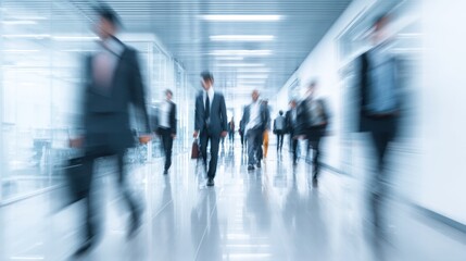 Blurred Motion of Business People in Modern Office Corridor