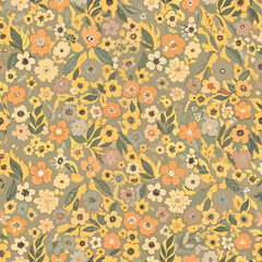 Retro floral pattern in small flowers. Small white and orange natural flowers. Floral seamless background.