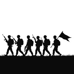 Silhouette of soldiers marching with rifles and a flag