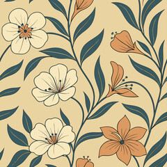 Retro floral pattern in small flowers. Small white and orange natural flowers. Floral seamless background.