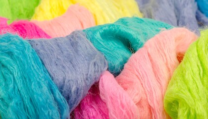 A vibrant display of colorful, fluffy fibers, showcasing a spectrum of pastel hues.