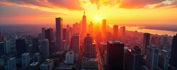 Golden hour sunlight bathes a vibrant downtown cityscape, illuminating skyscrapers and urban architecture Perfect for city, travel, and architectural projects , facades, traffic, road