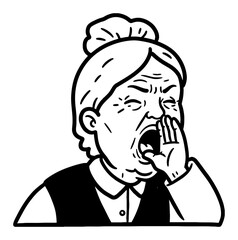 Grandma Shouting Loudly with Hand Near Mouth Cartoon Style Black and White Outline Line Art Drawing