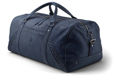 Naklejka premium Stylish dark blue denim duffel bag with decorative embellishments