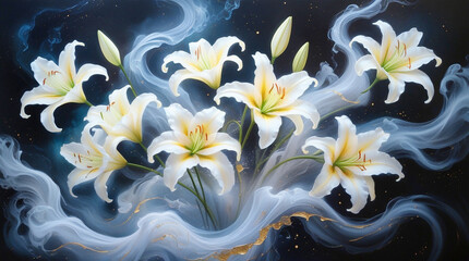 Elegant White Lilies with Golden Smoke Swirl on Dark Background
