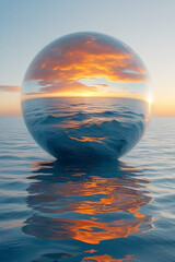 Surreal Ocean Sphere Reflecting Sunset Sky Over Calm Waves