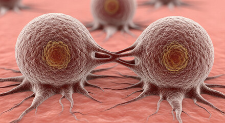 Microscopic view of two cells dividing, illustrating the process of cell mitosis and cellular reproduction in a biological context.