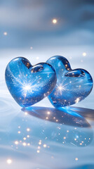 Blue Crystal Hearts with Sparkling Light and Cosmic Glow