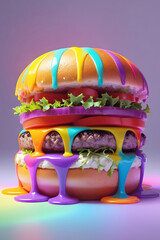 Rainbow Dripping Burger with Vibrant Colorful Layers